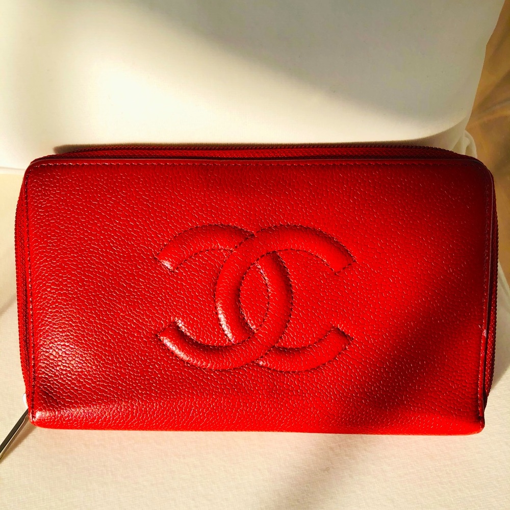 Chanel Timeless XL zipped long wallet in red caviar